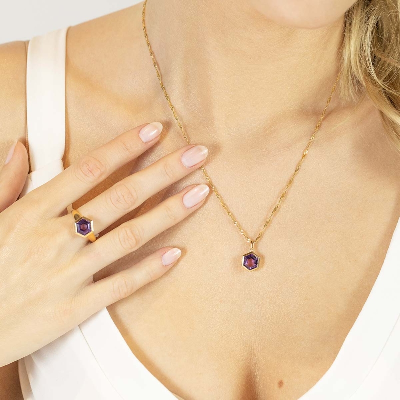 Zawieszka heksagon z ametystem (P84151 Y AM) - zdjęcie: 2