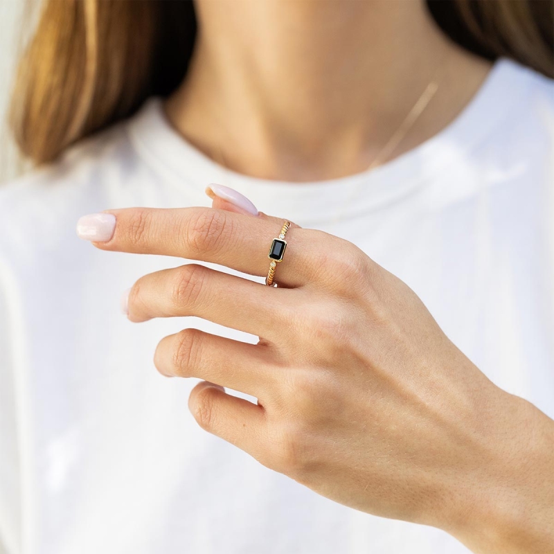 Pierścionek z czarnym agatem i diamentami (R85575 Y BAG): 10 - zdjęcie: 2