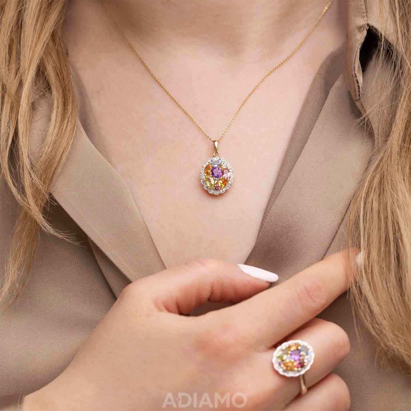 Zawieszka z kolorowymi kamieniami i diamentami (P88482 Y) - zdjęcie: 2