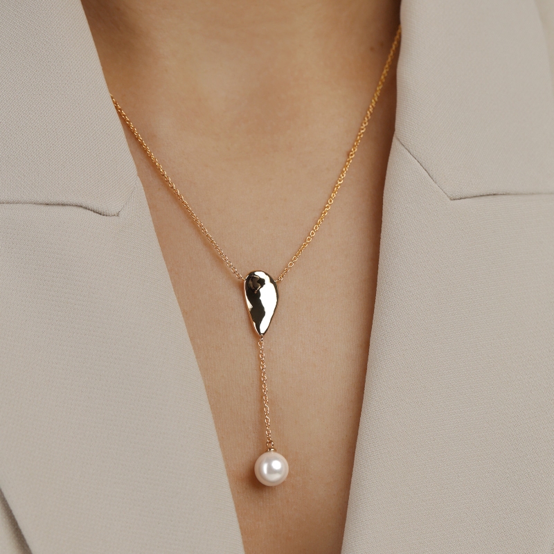 Naszyjnik srebrny pozłacany z perłą (N12642 Y PL 925) - zdjęcie: 2