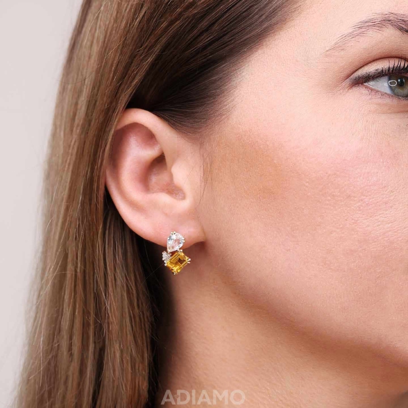 Kolczyki z cytrynami i białymi topazami oraz diamentami (E93893 Y S D CT) - zdjęcie: 2