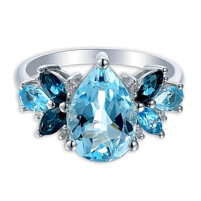 Pierścionek z niebieskimi topazami i diamentami (R88899 W BT): 7 - zdjęcie: 2