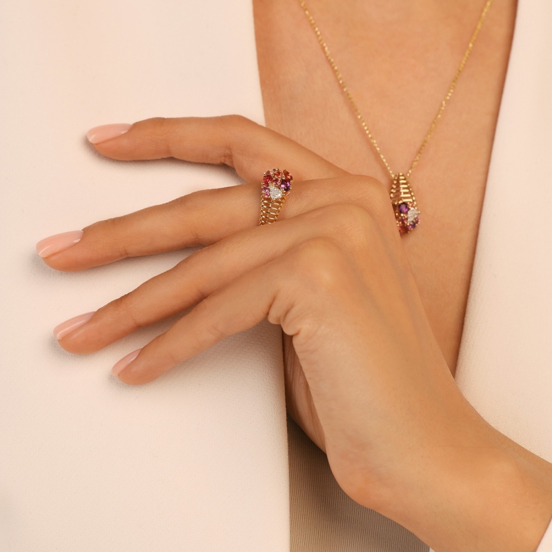 Pierścionek z kolorowymi kamieniami i diamentami (R99605 Y AM,PTR,RH): 15 - zdjęcie: 6