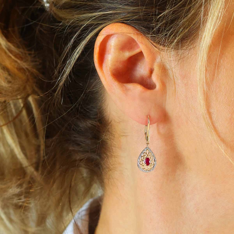 Kolczyki wiszące z żółtego złota z rubinami i diamentami - 0,53 ct - łezka (E86862 Y RU) - zdjęcie: 2