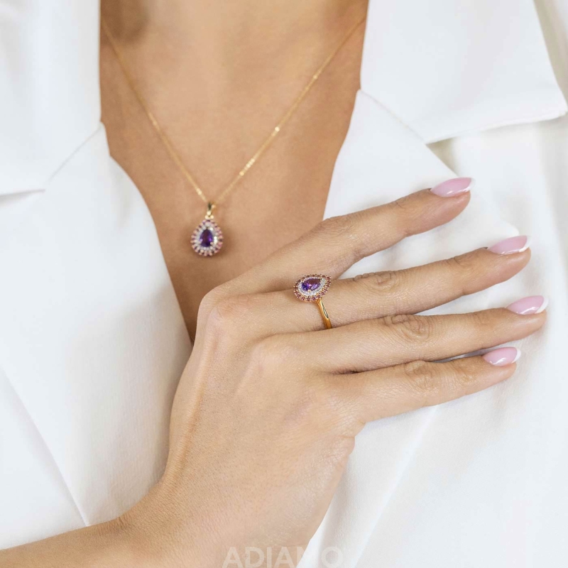 Pierścionek z ametystem, rodolitami i diamentami (R90190 Y AM): 15 - zdjęcie: 5