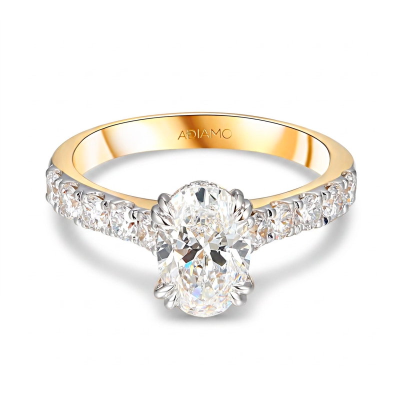 Pierścionek z dwukolorowego złota z diamentem laboratoryjnym w szlifie owalnym z brylantami na szynie - 1,50 ct (R95422 YW LGD 1,53ct): 10 - zdjęcie: 3