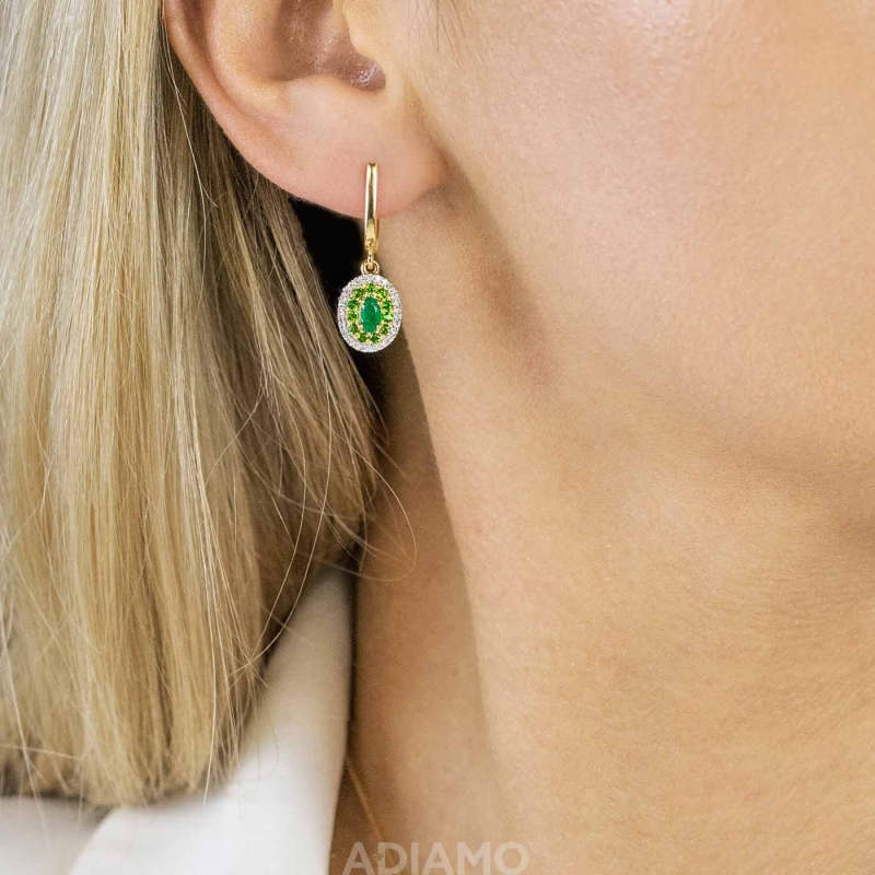 Kolczyki z żółtego złota ze szmaragdami, diopsydami i diamentami - 0,95 ct - zapięcie angielskie (E90189 Y A EM) - zdjęcie: 2