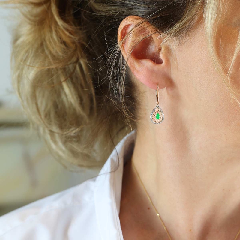 Kolczyki wiszące z żółtego złota ze szmaragdami i diamentami - 0,46 ct - łezka (E86862 Y P EM) - zdjęcie: 2