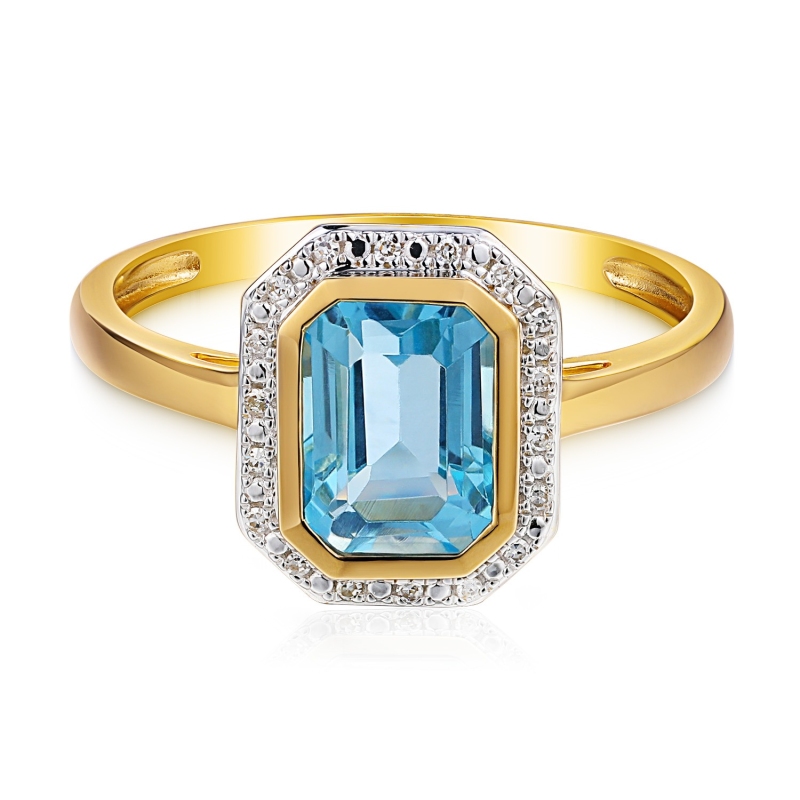 Pierścionek z niebieskim topazem w szlifie emerald i diamentami (R97349 Y BT): 10 - zdjęcie: 2