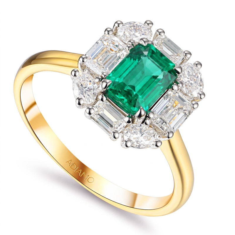 Pierścionek z dwukolorowego złota ze szmaragdem w szlifie emerald i diamentami (R103828 YW EM): 10 - zdjęcie: 1