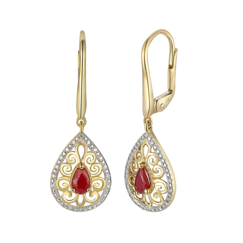Kolczyki wiszące z żółtego złota z rubinami i diamentami - 0,53 ct - łezka (E86862 Y RU) - zdjęcie: 1