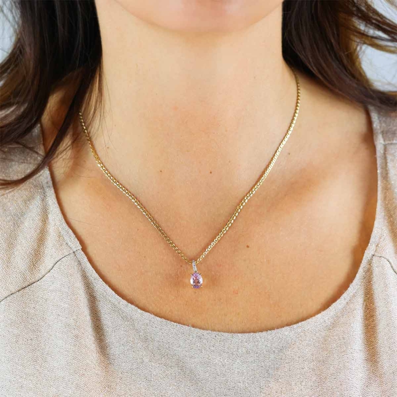 Zawieszka z żółtego złota z różowym ametystem w szlifie owalnym i diamentami (P86614 Y PAM) - zdjęcie: 2