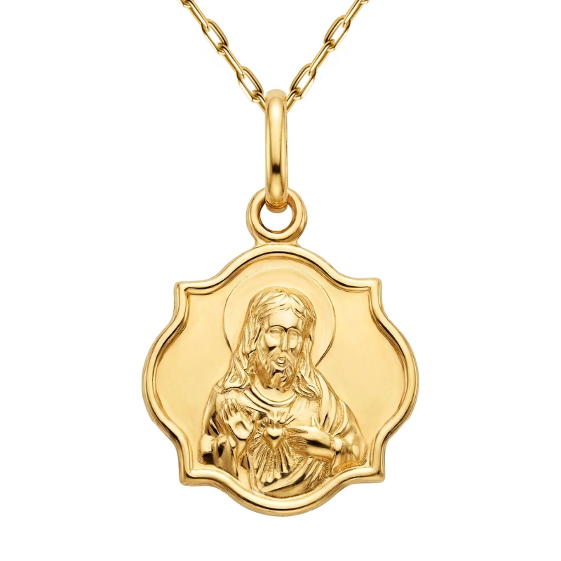 Zawieszka z żółtego złota - dwustronny medalik z Sercem Jezusa (P00804 Y) - zdjęcie: 1