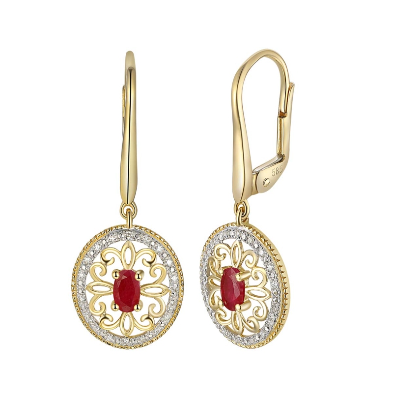 Kolczyki wiszące z żółtego złota z rubinami i diamentami - 0,63 ct - ażurowa forma (E86860 Y P RU) - zdjęcie: 1