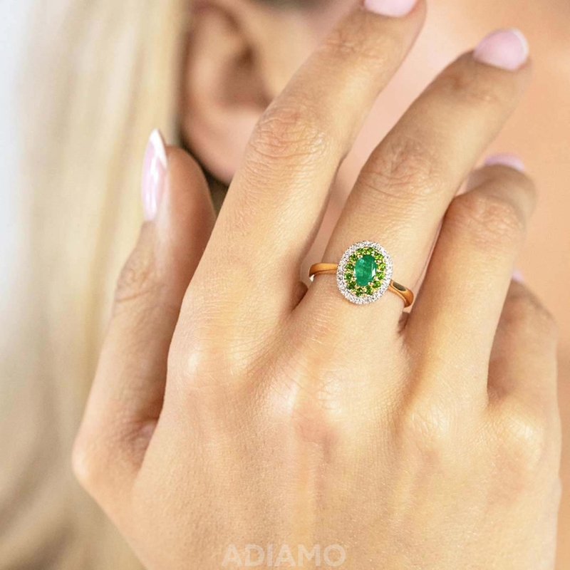 Pierścionek ze szmaragdem, diopsydami i diamentami (R90189 Y EM): 10 - zdjęcie: 4