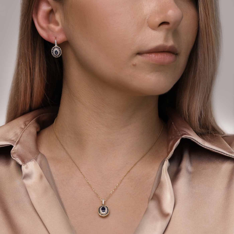 Zawieszka zdobiona z żółtego złota z szafirami i diamentami - owalna (P93446 Y SA) - zdjęcie: 2