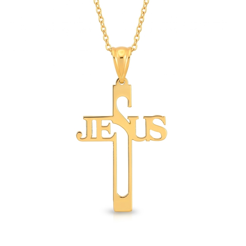 Zawieszka z żółtego złota - Krzyż z napisem "Jesus" (P26749 Y) - zdjęcie: 1