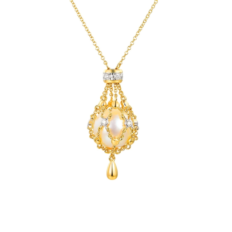Naszyjnik z żółtego złota - koszyczek z perłą i diamentami - 42 cm (N13364 Y C PL) - zdjęcie: 1