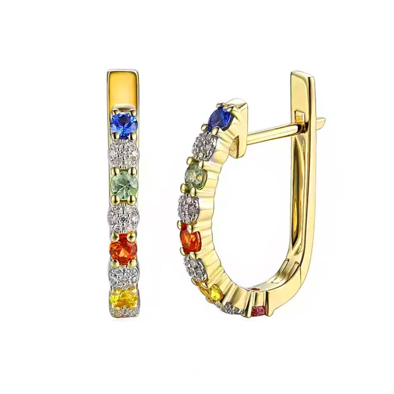 Kolczyki z żołtego złota z kolorowymi szafirami i diamentami - 0,80 ct - zapięcie angielskie (E85272 Y A) - zdjęcie: 1