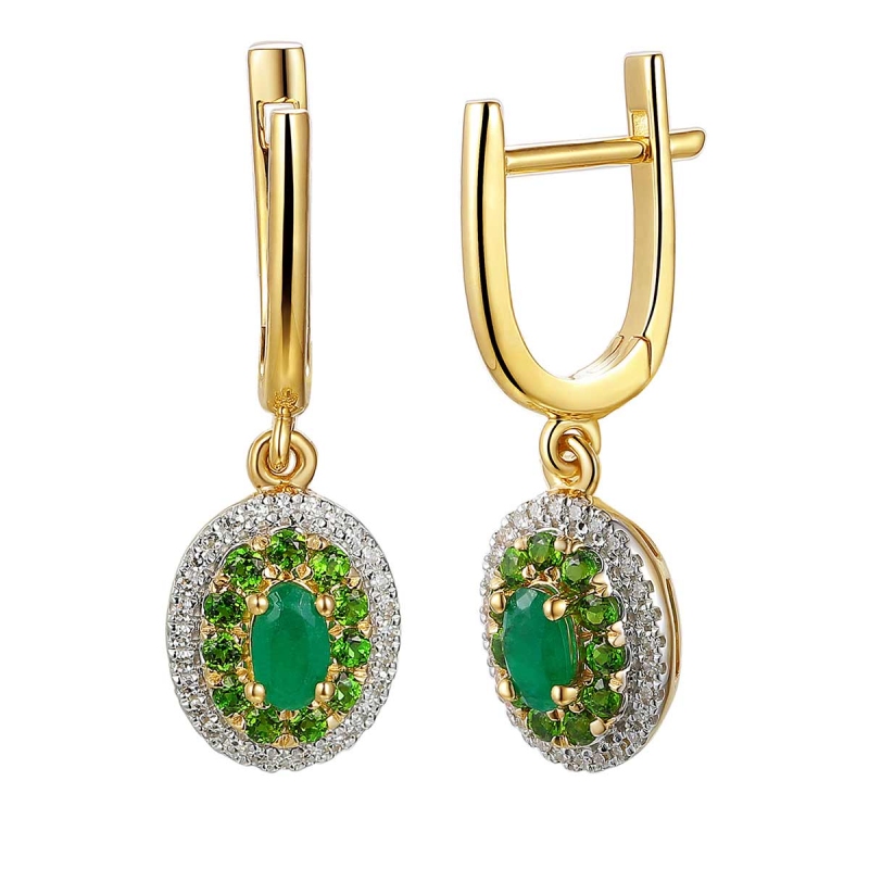 Kolczyki z żółtego złota ze szmaragdami, diopsydami i diamentami - 0,95 ct - zapięcie angielskie (E90189 Y A EM) - zdjęcie: 1