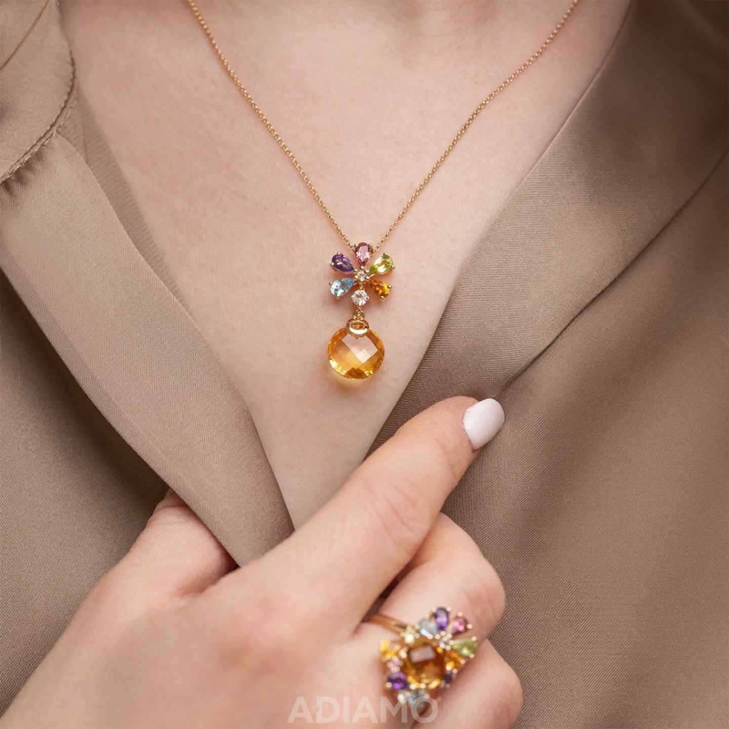 Naszyjnik z żółtego złota z kolorowymi kamieniami naturalnymi - 5,36 ct (N10790 Y) - zdjęcie: 2