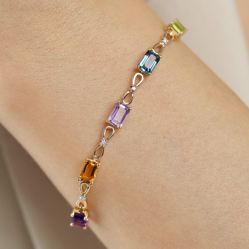 Bransoletka z żółtego złota z kolorowymi kamieniami naturalnymi i diamentami - 2,91 ct (B09913 Y BT,CT,AM,PT,PAM) - zdjęcie: 2