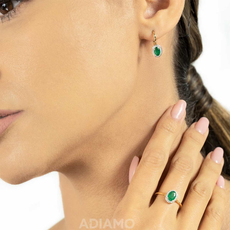 Kolczyki z żółtego złota - wiszące ze szmaragdami i diamentami - 0,95ct (E62898 Y P M EM) - zdjęcie: 2