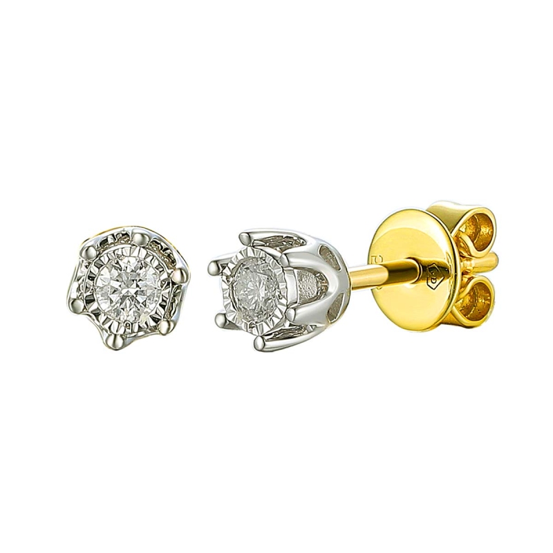 Kolczyki z dwukolorowego złota z diamentami - 0,12 ct - iluzja - sztyft (E88312 0,12ct YW S) - zdjęcie: 1
