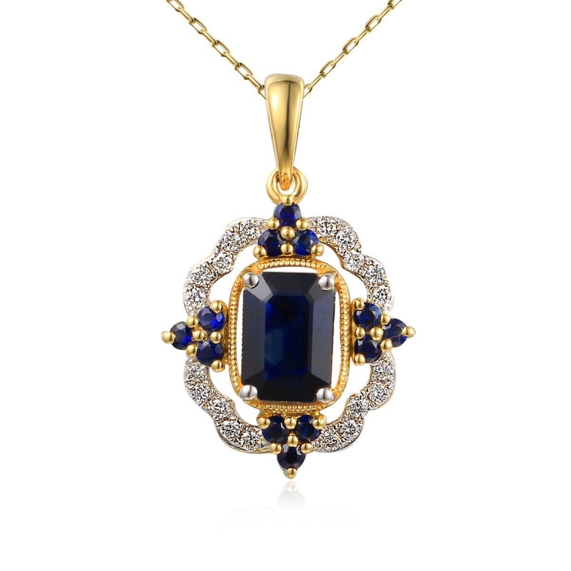 Zawieszka z żółtego złota z szafirami i diamentami w ornamentalnej formie (P71858 Y SA) - zdjęcie: 1