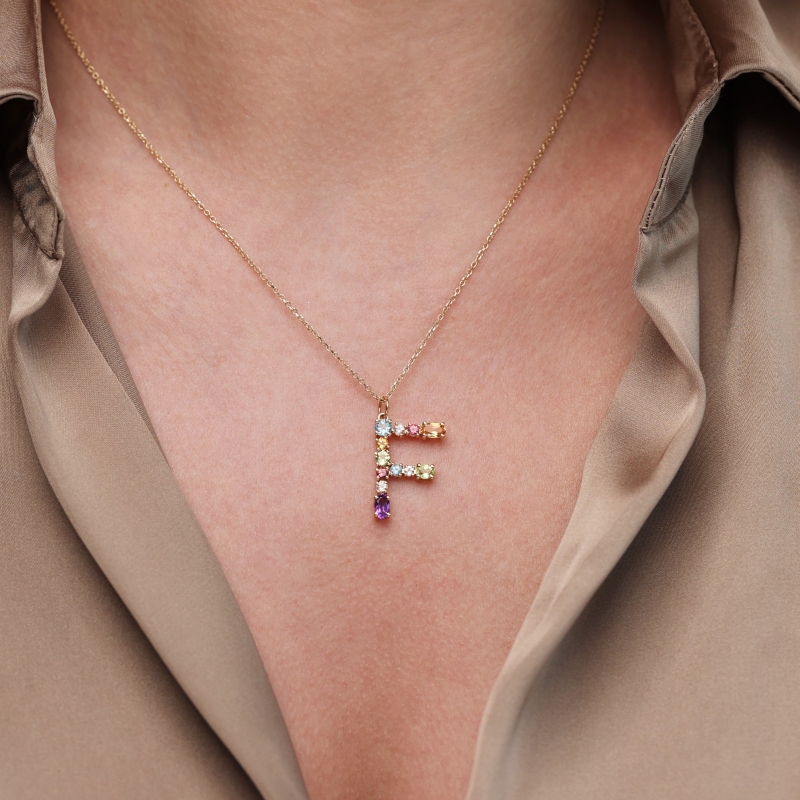 Zawieszka literka F z kolorowymi kamieniami (P85063 Y) - zdjęcie: 2