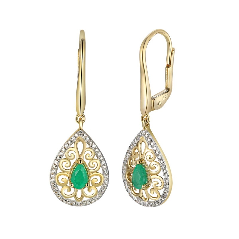 Kolczyki wiszące z żółtego złota ze szmaragdami i diamentami - 0,46 ct - łezka (E86862 Y P EM) - zdjęcie: 1