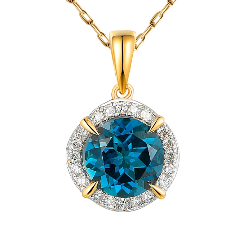 Zawieszka z żółtego złota z london blue topazem w szlifie okrągłym i diamentami zakutymi dookoła (P50309 Y LBT) - zdjęcie: 1