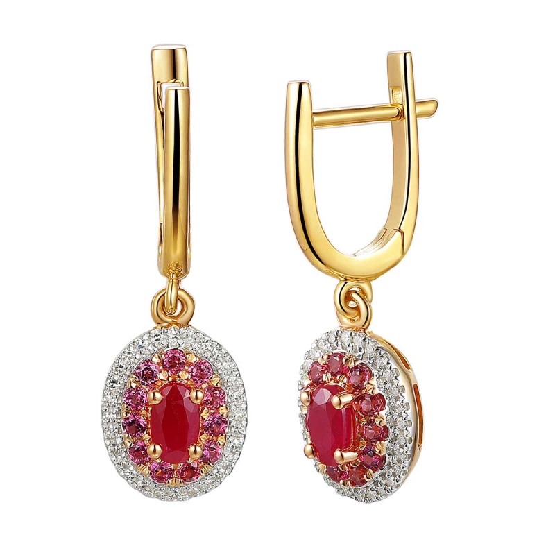 Kolczyki z żółtego złota z rubinami, rodolitami i diamentami - 1,25 ct - zapięcie angielskie (E90189 Y A RU) - zdjęcie: 1