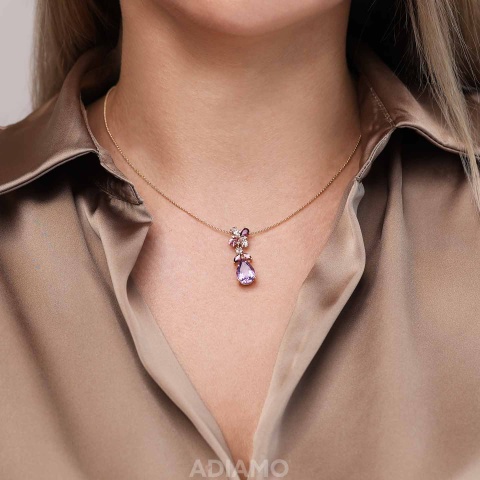 Naszyjnik z różowym ametystem i kolorowymi kamieniami oraz diamentami (N10788 Y PAM)