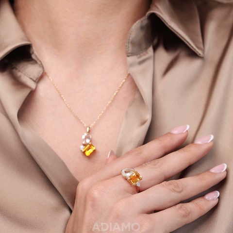 Pierścionek z cytrynem, białym topazem i diamentami (R93893 Y D CT)