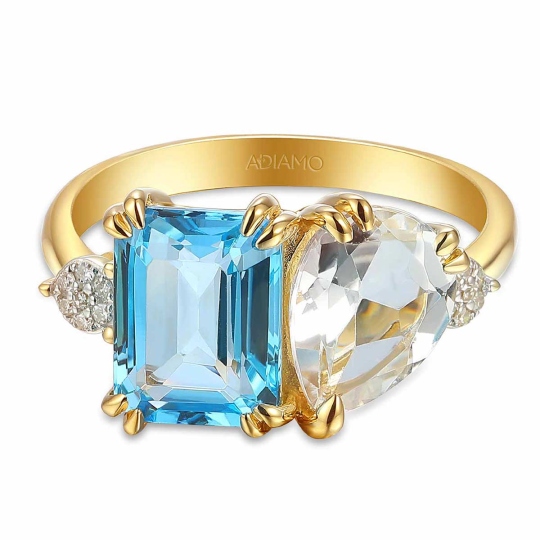 Pierścionek z niebieskim, białym topazem i diamentami (R93893 Y D BT): 14