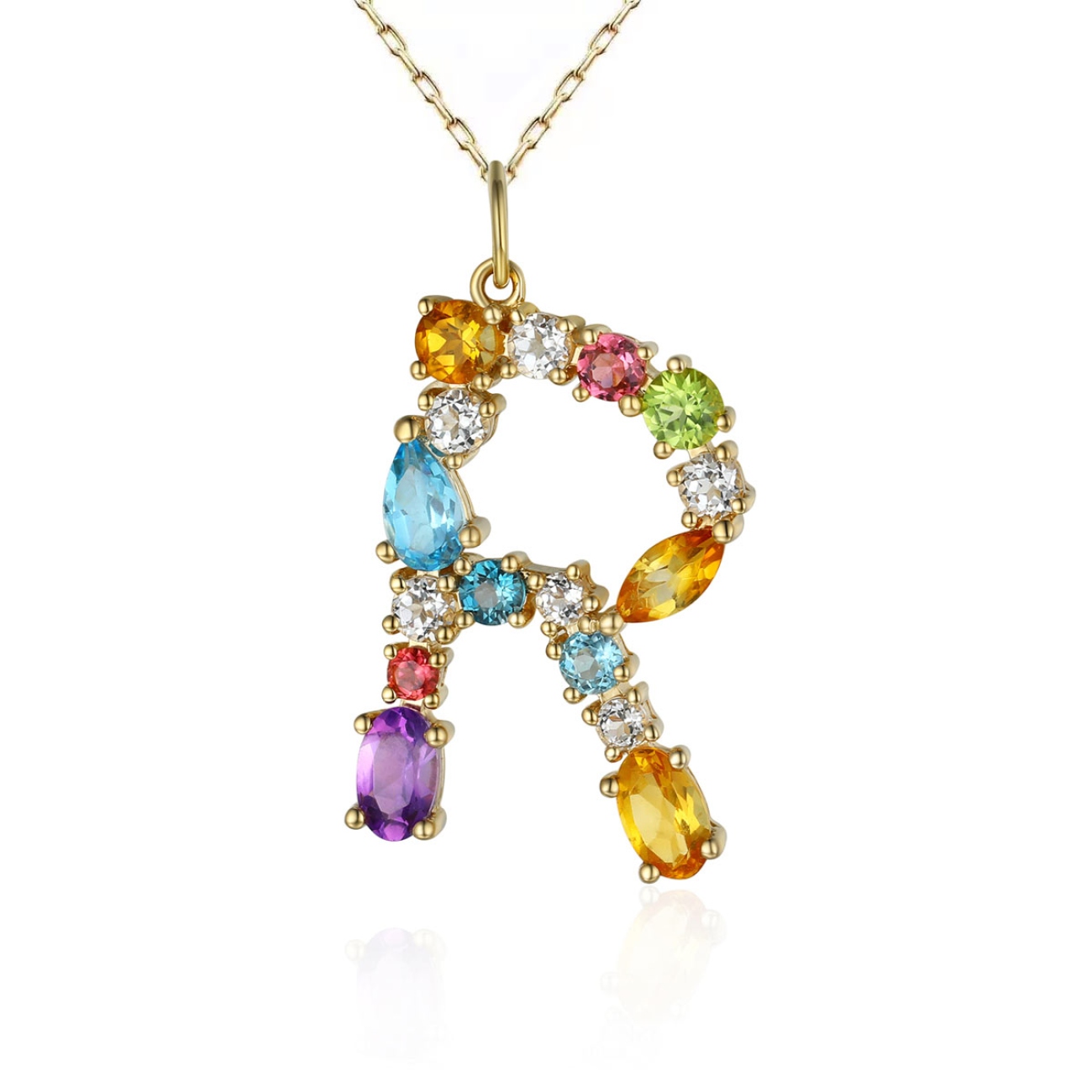 Zawieszka literka R z kolorowymi kamieniami (P83445 Y AM,BT,CT,PT,PTR,WT)