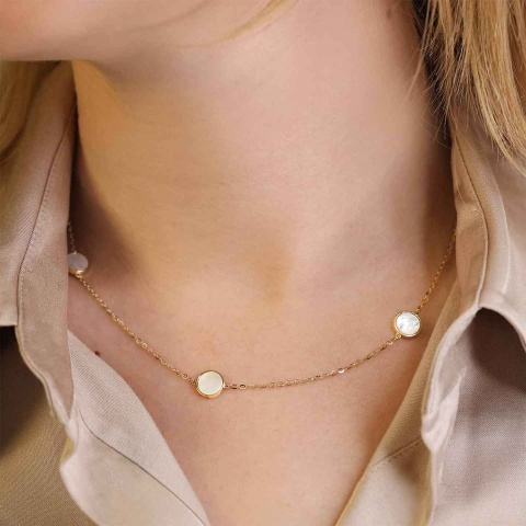 Naszyjnik złoty z kółeczkami z masy perłowej (N11017 Y)