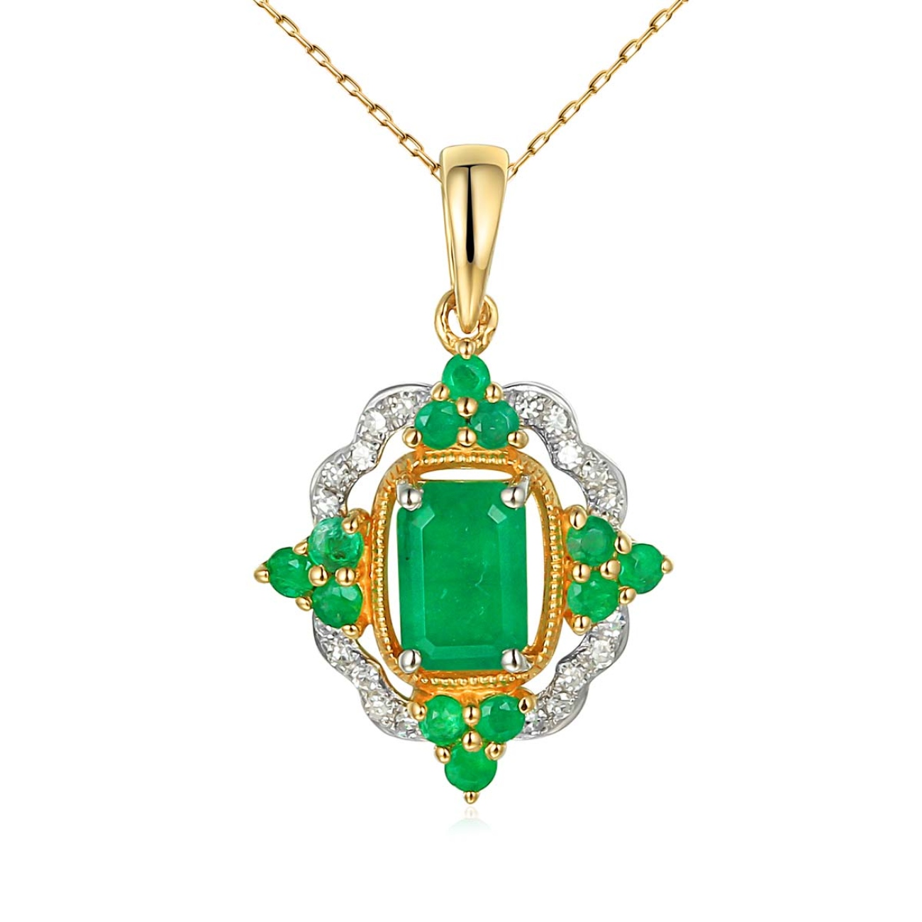Zawieszka z żółtego złota ze szmaragdami i diamentami w ornamentalnej formie (P71858 Y EM)