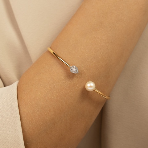 Bransoletka bangle otwarta z perłą i diamentami (B09442 Y PL)