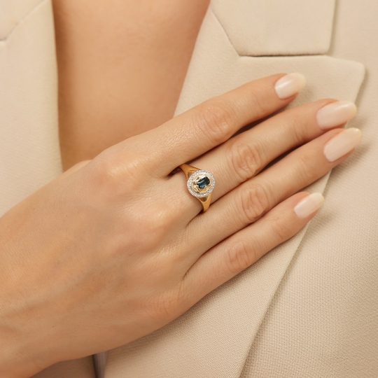 Sygnet z london blue topazem i diamentami (R93931 Y LBT): 10