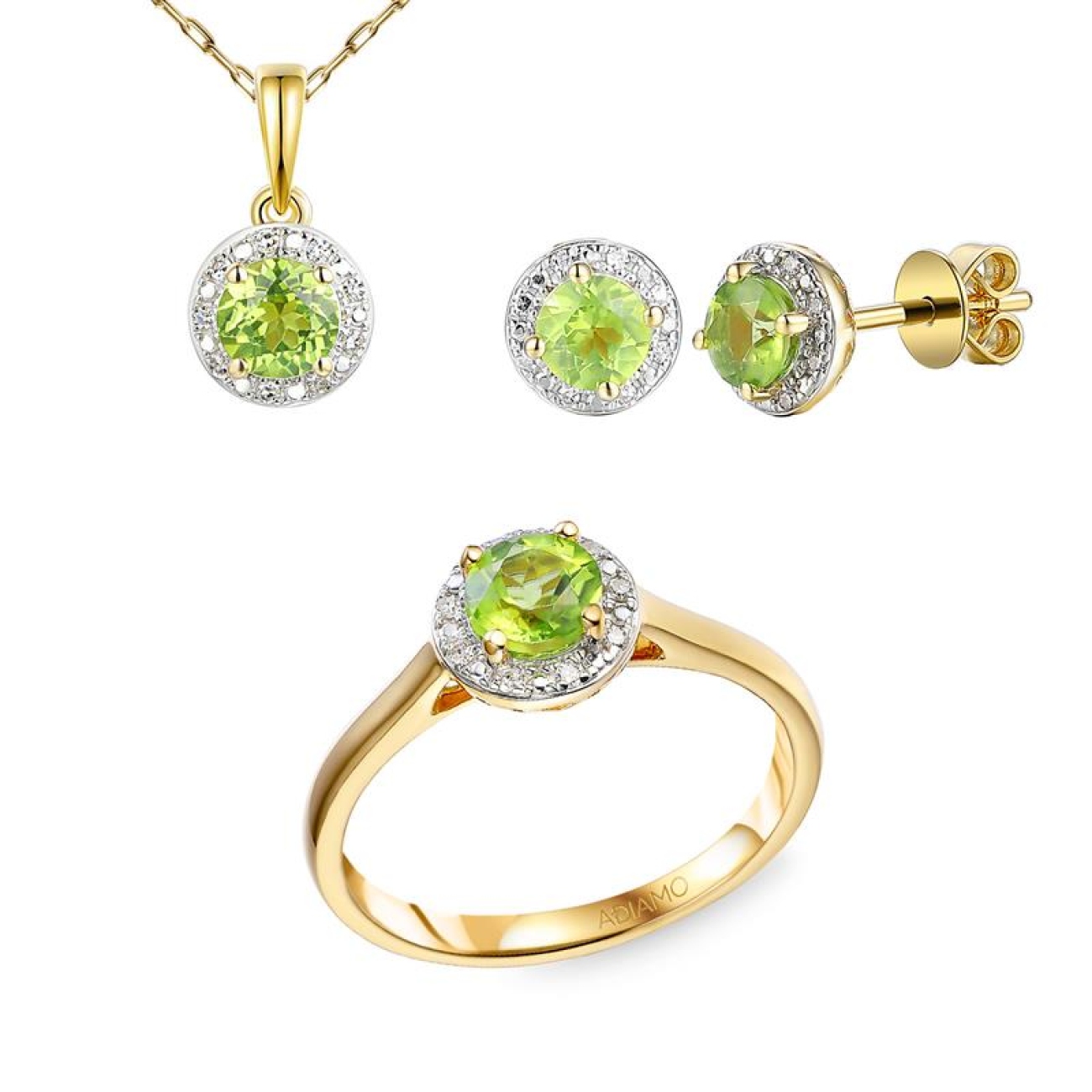 Komplet biżuterii z perydotami i diamentami (E98723YSPT+P98723YPT+R98723YPT)