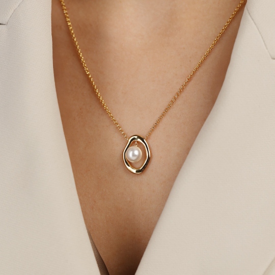 Naszyjnik srebrny pozłacany z perłą (N12641 Y PL 925)