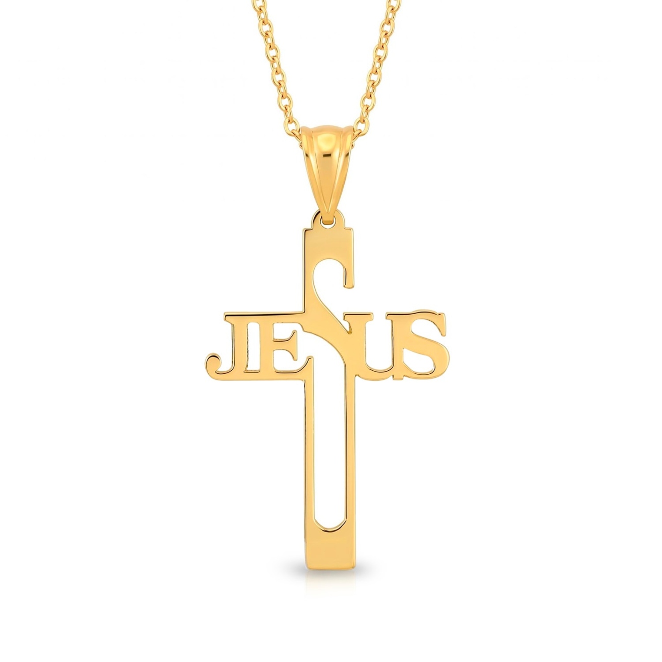 Zawieszka z żółtego złota - Krzyż z napisem "Jesus" (P26749 Y)
