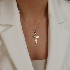 Zawieszka z żółtego złota - Krzyż z napisem "Jesus" (P26749 Y)