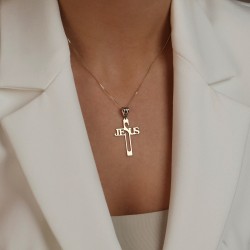 Zawieszka z żółtego złota - Krzyż z napisem "Jesus" (P26749 Y) - zdjęcie: 3