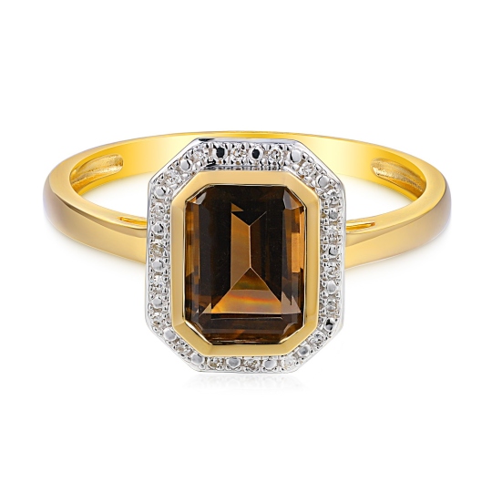 Pierścionek z żółtego złota z kwarcem dymnym w szlifie emerald i diamentami (R97349 Y SQ): 15
