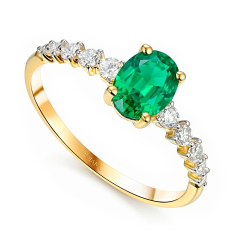 Pierścionek z żółtego złota ze szmaragdem w szlifie owalnym i diamentami na szynie (R100167 Y EM)