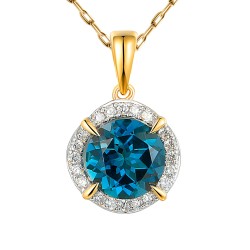 Zawieszka z żółtego złota z london blue topazem w szlifie okrągłym i diamentami zakutymi dookoła (P50309 Y LBT) - zdjęcie: 2