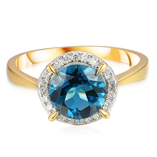 Pierścionek z żółtego złota z london blue topazem w szlifie okrągłym i diamentami (R50309 Y LBT): 16